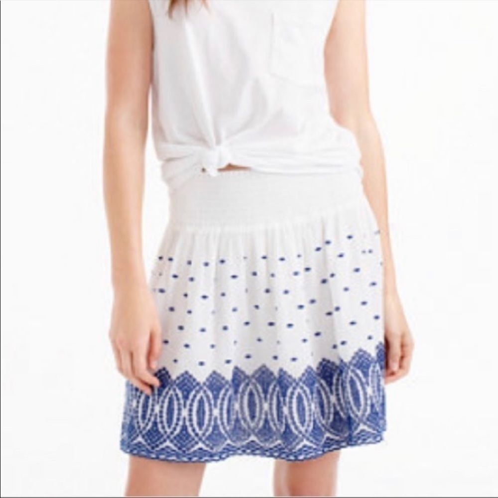 J. Crew Embroidered White/Blue Gauze Mini Skirt Elastic Waistband Size Medium